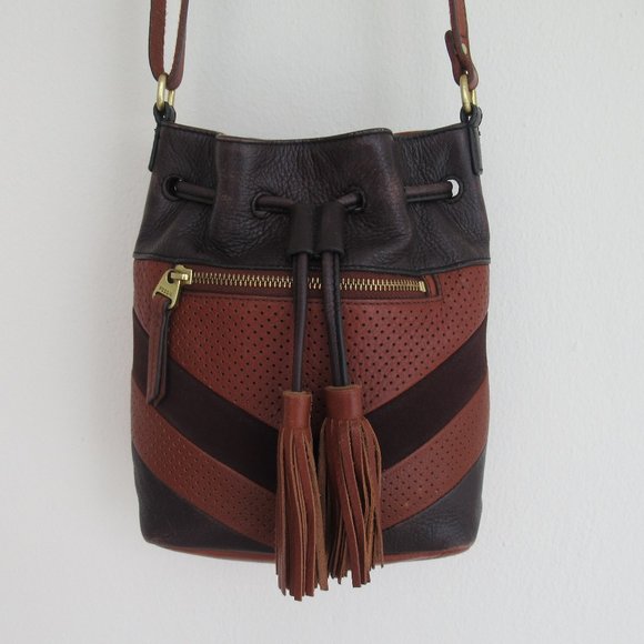 Fossil 100% Leather and Suede Bucket Shoulder Handbag Crossbody Medium sz Brown - Picture 1 of 13